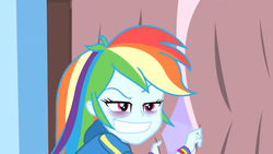 Size: 1366x768 | Tagged: safe, screencap, rainbow dash, blizzard or bust, equestria girls, equestria girls series, g4, holidays unwrapped, spoiler:eqg series (season 2), bags under eyes, faic, female, grin, rainbow dash is best facemaker, sleep deprivation, smiling, solo