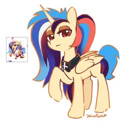 Size: 1824x1771 | Tagged: safe, ai reference, artist:dawnfire, oc, oc only, alicorn, pony, ai interpretation, alicorn oc, collar, folded wings, full body, generator needed, horn, leather, leather collar, looking at you, multicolored mane, multicolored tail, raised hoof, red eyes, redraw, simple background, solo, tail, white background, wings, yellow coat