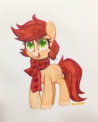 Size: 1644x2048 | Tagged: safe, artist:dawnfire, oc, oc only, oc:bead trail, earth pony, pony, clothes, scarf, solo, traditional art