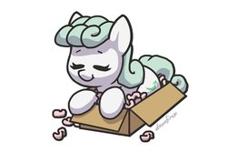 Size: 732x488 | Tagged: safe, artist:dawnfire, oc, oc only, oc:packing peanuts, earth pony, pony, behaving like a cat, box, solo