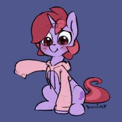 Size: 660x660 | Tagged: safe, artist:dawnfire, oc, oc only, oc:dawnfire, pony, unicorn, blushing, clothes, hoodie, open-chest hoodie, solo