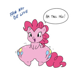 Size: 882x810 | Tagged: safe, artist:pencils, pinkie pie, earth pony, pony, g4, bipedal, both cutie marks, dialogue, disproportional anatomy, female, huge butt, impossibly large hips, large butt, mare, parody, simple background, style emulation, the ass was fat, white background, wide hips