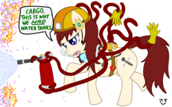 Size: 4096x2564 | Tagged: safe, artist:poniidesu, oc, oc only, monster pony, pony, cigarette, clothes, crossover, crowbar, engineer, fire, fire extinguisher, firefighting, gloves, headset, helmet, humor, plasma, ponified, red mane, red tail, simple background, smoking, solo, space station 13, ss13, tentacles, toolbelt, transparent background, video game reference