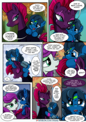 Size: 2480x3508 | Tagged: safe, artist:dsana, fizzlepop berrytwist, tempest shadow, oc, oc:lullaby dusk, oc:thistledown, earth pony, pegasus, pony, unicorn, comic:a storm's lullaby, g4, broken horn, comic, dialogue, female, filly, heterochromia, high res, horn, mare, this will end in tears