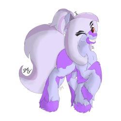 Size: 894x894 | Tagged: safe, artist:embroidered equations, artist:littlepony115, artist:poniesmine, oc, oc only, oc:aggie, earth pony, pony, big tail, coat markings, cute, female, fluffy, grin, hair bun, mare, one eye closed, pinto, purple, red eyes, shading, simple background, smiling, solo, splotches, standing, transparent background, unshorn fetlocks, wink