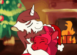 Size: 1520x1080 | Tagged: safe, artist:euspuche, oc, oc only, oc:frederick, oc:svebia, earth pony, pony, unicorn, animated, chest fluff, christmas, christmas tree, commission, fireplace, frame by frame, gif, hat, holiday, kissing, looking at each other, loop, oc x oc, perfect loop, santa hat, shipping, svederick, tree