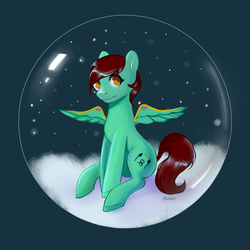 Size: 3000x3000 | Tagged: safe, artist:ptiza, oc, oc only, oc:zephyrhooves, pegasus, pony, artificial wings, augmented, cute, high res, looking at you, mechanical wing, simple background, snow, snow globe, solo, wings