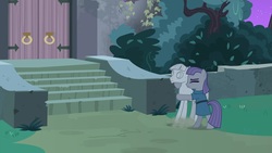 Size: 1920x1080 | Tagged: safe, screencap, maud pie, mudbriar, earth pony, pony, g4, student counsel, bipedal, boyfriend and girlfriend, duo, eyes closed, female, holding, hug, male, mare, night, petrification, rockbriar, stallion, worried