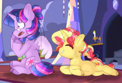 Size: 2344x1592 | Tagged: safe, artist:romania-lanslide, sunset shimmer, twilight sparkle, alicorn, pony, unicorn, g4, alternate hairstyle, eye clipping through hair, female, glasses, hair bun, implied magical lesbian spawn, lesbian, overreaction, pregnant, prone, sensibly-proportioned pregnancy, ship:sunsetsparkle, shipping, sitting, sunset preggers, twilight sparkle (alicorn), worried