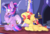 Size: 2344x1592 | Tagged: safe, artist:romania-lanslide, sunset shimmer, twilight sparkle, alicorn, pony, unicorn, g4, alternate hairstyle, cloven hooves, eye clipping through hair, female, glasses, hair bun, implied magical lesbian spawn, lesbian, overreaction, pregnant, prone, sensibly-proportioned pregnancy, ship:sunsetsparkle, shipping, sitting, sunset preggers, twilight sparkle (alicorn), worried