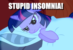 Size: 1050x712 | Tagged: safe, edit, edited screencap, screencap, twilight sparkle, pony, friendship is magic, g4, bed, caption, female, golden oaks library, image macro, insomnia, pillow, solo, text