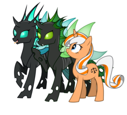 Size: 2133x1928 | Tagged: safe, artist:muse, oc, oc only, oc:accurate balance, oc:chela, oc:utopia, pony, unicorn, 2020 community collab, derpibooru community collaboration, accopia, female, green changeling, group, simple background, transparent background, trio, ula