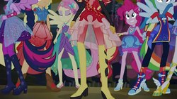 Size: 1920x1080 | Tagged: safe, screencap, applejack, fluttershy, pinkie pie, rainbow dash, rarity, sci-twi, sunset shimmer, twilight sparkle, cheer you on, equestria girls, equestria girls series, g4, spoiler:eqg series (season 2), clothes, eyes closed, humane five, humane seven, humane six, ponied up, smiling, super ponied up, transformation