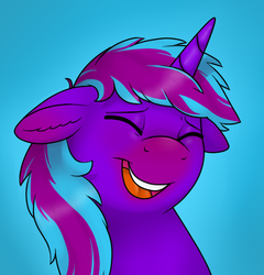 Size: 570x594 | Tagged: safe, artist:69beas, oc, oc only, oc:neon eclipse, pony, unicorn, eyes closed, floppy ears, laughing, male, open mouth, simple background, solo, stallion