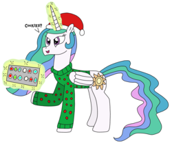Size: 2926x2448 | Tagged: safe, artist:supahdonarudo, princess celestia, alicorn, pony, g4, christmas, christmas cookies, clothes, cookie, dialogue, food, hat, high res, holiday, levitation, magic, offering, santa hat, simple background, sweater, talking to viewer, telekinesis, text, transparent background, tray