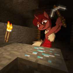 Size: 1080x1080 | Tagged: safe, artist:fatal_error, oc, oc only, oc:red flux, changeling, original species, animated, chest fluff, coal, diamonds, gif, male, minecraft, mining, pickaxe, red changeling, smiling, solo