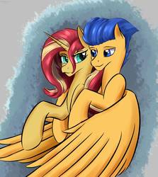 Size: 845x946 | Tagged: safe, artist:renarde-louve, flash sentry, sunset shimmer, pony, unicorn, g4, duo, female, hug, hug from behind, male, ship:flashimmer, shipping, straight, winghug