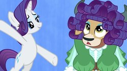 Size: 1280x720 | Tagged: safe, screencap, rarity, yona, pony, unicorn, yak, g4, she's all yak, bipedal, duo, female, fit right in, hairstyle, mare, misleading thumbnail, out of context, style