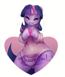 Size: 2807x3319 | Tagged: safe, artist:twi_paww, twilight sparkle, pony, unicorn, g4, bipedal, clothes, cute, eyes closed, female, happy, heart, high res, hoof heart, smiling, solo, sweater, thank you, twiabetes, unicorn twilight, wide hips