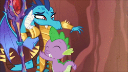 Size: 1280x720 | Tagged: safe, screencap, princess ember, rarity, spike, twilight sparkle, dragon, pony, g4, gauntlet of fire, animated, awww, bloodstone scepter, blushing, cute, disguise, dragon armor, dragon lord ember, dragoness, emberbetes, female, hug, male, rock costume, sound, spikabetes, tsundere, wavy mouth, webm