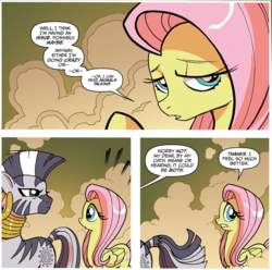 Size: 954x948 | Tagged: safe, artist:tony fleecs, idw, official comic, fluttershy, zecora, pegasus, pony, zebra, friends forever #5, g4, my little pony: friends forever, spoiler:comic, comic, cropped, duo, ear piercing, earring, female, jewelry, looking back, mare, neck rings, piercing, speech bubble, stare
