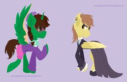Size: 1024x658 | Tagged: safe, artist:arcticleapordfrost, fluttershy, oc, oc:ferb fletcher, oc:frost d. tart, alicorn, pegasus, pony, g4, alicorn oc, alternate hairstyle, clothes, cosplay, costume, crossdressing, ear piercing, eyeshadow, fluttergoth, glasses, hipstershy, horn, implied fluttershy, makeup, male, stallion