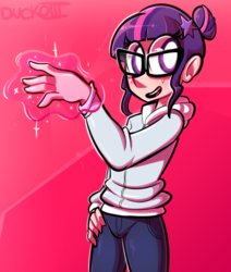 Size: 1337x1580 | Tagged: safe, artist:duckoiii, sci-twi, twilight sparkle, human, equestria girls, g4, abstract background, clothes, female, glasses, glowing hands, human coloration, humanized, magic, solo, white pupils