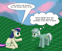 Size: 550x450 | Tagged: safe, artist:quint-t-w, bon bon, lyra heartstrings, sweetie drops, earth pony, pony, unicorn, g4, chaos, checkerboard, chewing, cloud, cotton candy, cotton candy cloud, dialogue, discorded, discorded landscape, discorded ponies, eating, food, messy mane, old art, single panel