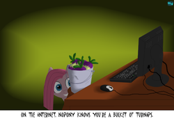 Size: 700x480 | Tagged: safe, artist:quint-t-w, mr. turnip, pinkie pie, earth pony, pony, g4, bucket, caption, computer, computer mouse, creepy, creepy smile, image macro, keyboard, meme, monitor, old art, on the internet nobody knows you're a dog, pinkamena diane pie, shadows, smiling, straight hair, text, turnips