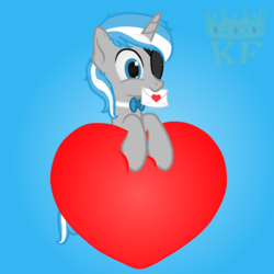 Size: 1080x1080 | Tagged: safe, artist:king-franchesco, oc, oc only, oc:sekr gray, pony, unicorn, bowtie, envelope, eyepatch, heart, male, mouth hold, solo, watermark, ych result