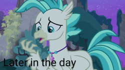 Size: 496x280 | Tagged: safe, artist:gooeybird, edit, edited screencap, screencap, terramar, hippogriff, comic:the love birds, g4, claws, comic, forest, implied gallus, implied silverstream, implied starlight glimmer, jewelry, necklace, night, part 3, story included, upset