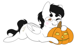 Size: 3300x2000 | Tagged: safe, artist:veincchi, oc, oc only, oc:golden note, pegasus, pony, commission, eyes closed, glasses, halloween, happy, high res, holiday, jack-o-lantern, pumpkin, simple background, solo, transparent background, ych result