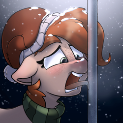 Size: 2348x2345 | Tagged: safe, artist:rexyseven, oc, oc only, oc:rusty gears, earth pony, pony, female, heterochromia, high res, mare, snow, snowfall, solo, tongue stuck to pole