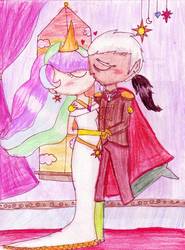 Size: 2420x3264 | Tagged: safe, artist:mexicangirl12, discord, princess celestia, human, g4, eyes closed, female, heart, high res, humanized, kissing, male, ship:dislestia, shipping, straight, traditional art