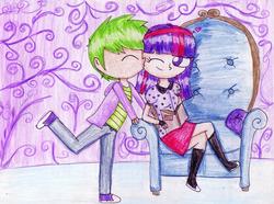 Size: 3270x2430 | Tagged: safe, artist:mexicangirl12, spike, twilight sparkle, human, g4, book, couch, female, heart, high res, humanized, male, one eye closed, ship:twispike, shipping, sitting, smiling, straight, traditional art, wink
