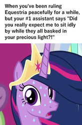 Size: 683x1032 | Tagged: safe, edit, edited screencap, screencap, twilight sparkle, alicorn, pony, g4, the last problem, and that's how g5 was made, distressed, here we go again, history repeats itself, imminent nightmare spike, implied spike, meme, oh no, oh no oh no oh no no no no no, older, older twilight, older twilight sparkle (alicorn), princess twilight 2.0, sweat, sweatdrop, this will end in a trip to the moon, this will end in banishment, this will end in tears and/or a journey to the moon, twilight sparkle (alicorn), uh oh