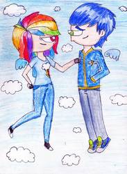 Size: 2392x3259 | Tagged: safe, artist:mexicangirl12, rainbow dash, soarin', human, g4, clothes, cloud, female, fingerless gloves, flying, gloves, high res, humanized, male, outdoors, pants, ship:soarindash, shipping, shoes, straight, traditional art, winged humanization, wings