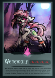 Size: 1543x2160 | Tagged: safe, artist:lonerdemiurge_nail, oc, oc only, oc:hopple scotch, earth pony, hengstwolf, pony, werewolf, angry, card, chains, cuffs, drool, female, feral, fog, forest, full moon, halloween, halloween card collection, holiday, looking at you, mare, moon, night, raised leg, solo, species swap, text, ych result