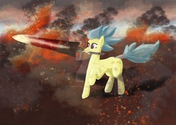 Size: 1063x752 | Tagged: safe, artist:dumbprincess, oc, oc only, oc:frizzy brush, earth pony, pony, battlefield, detailed background, digital art, digital painting, fire, smoke, solo, standing, sword, weapon