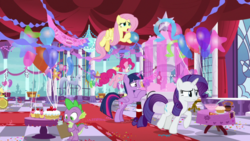 Size: 1920x1080 | Tagged: safe, screencap, applejack, fluttershy, pinkie pie, rarity, spike, twilight sparkle, alicorn, dragon, earth pony, pegasus, pony, unicorn, between dark and dawn, g4, balloon, bipedal, bipedal leaning, blowershy, blowing up balloons, cake, clipboard, cupcake, female, food, fountain, holding, leaning, loonershy, mare, muffin, open mouth, statue, twilight sparkle (alicorn), winged spike, wings