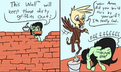 Size: 1000x600 | Tagged: safe, artist:happy harvey, oc, oc only, oc:filly anon, griffon, pony, blushing, brick, brick wall, bucket, cement, colored, comic, dialogue, didn't think this through, female, fffuuuuu, filly, flying, lip bite, male, stupidity, wall