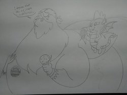 Size: 2592x1944 | Tagged: safe, artist:princebluemoon3, part of a set, gabby, spike, dragon, griffon, g4, fat, fat fetish, fetish, food, grammar error, grayscale, ice cream, monochrome, morbidly obese, obese, part of a series, sketch, traditional art, weight gain, winged spike, wings