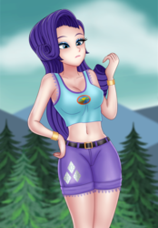 Size: 1400x2016 | Tagged: safe, artist:anonix123, rarity, human, equestria girls, g4, my little pony equestria girls: legend of everfree, beautiful, belly button, bracelet, breasts, busty rarity, camp everfree logo, camp everfree outfits, cleavage, clothes, denim shorts, female, humanized, jewelry, midriff, mountain, mountain range, nature, outdoors, shorts, solo