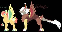Size: 1244x642 | Tagged: safe, artist:lepiswerid, oc, oc:cameo (lepiswerid), oc:entropy (lepiswerid), draconequus, hybrid, pegasus, pony, black background, colored hooves, feathered fetlocks, half-siblings, interspecies offspring, male, mane, marsverse, offspring, parent:big macintosh, parent:discord, parent:fluttershy, parents:discoshy, parents:fluttercordmac, parents:fluttermac, simple background, spikes, tail, tail feathers