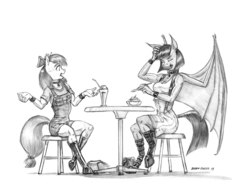 Size: 1400x1086 | Tagged: safe, artist:baron engel, apple bloom, oc, oc:nightfall, bat pony, earth pony, anthro, unguligrade anthro, anthro oc, bat pony oc, belly button, boots, choker, clothes, duo, eyes closed, female, filly, food, grayscale, ice cream, jewelry, mare, milkshake, monochrome, necklace, pencil drawing, ribbon, shoes, simple background, sitting, spoon, talking, teenager, traditional art, white background