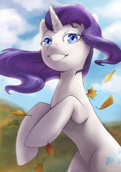 Size: 3508x4961 | Tagged: safe, artist:grecha-art, rarity, pony, unicorn, g4, blushing, cute, eyeshadow, female, leaves, lidded eyes, looking at you, makeup, mare, rearing, smiling, solo