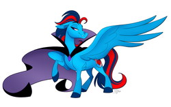 Size: 2383x1493 | Tagged: safe, artist:probablyfakeblonde, oc, oc only, oc:andrew swiftwing, pegasus, pony, vampire, cape, clothes, costume, dressup, fangs, halloween, halloween costume, holiday, male, pose, raised hoof, solo, stallion, wings