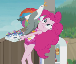 Size: 1076x903 | Tagged: safe, screencap, pinkie pie, bird, seagull, equestria girls, equestria girls series, g4, too hot to handle, beach, beach shorts swimsuit, clothes, cropped, faic, female, geode of sugar bombs, legs, magical geodes, outdoors, sleeveless, snow cone, swimsuit, tray