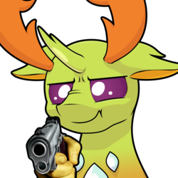Size: 1280x1280 | Tagged: safe, artist:ljdamz1119, edit, thorax, changedling, changeling, g4, :j, bust, delet this, floppy ears, gun, king thorax, m1911, male, meme, scrunchy face, simple background, solo, transparent background, weapon