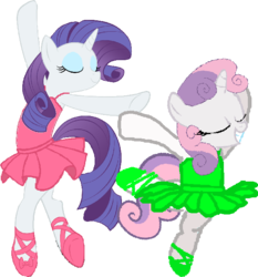 Size: 610x655 | Tagged: safe, artist:angrymetal, rarity, sweetie belle, pony, unicorn, g4, 1000 hours in ms paint, arms in the air, ballerina, ballet, ballet slippers, clothes, dancing, eyes closed, female, filly, grin, mare, pas de deux, raririna, siblings, simple background, sisters, smiling, sweetierina, transparent background, tutu, tutus
